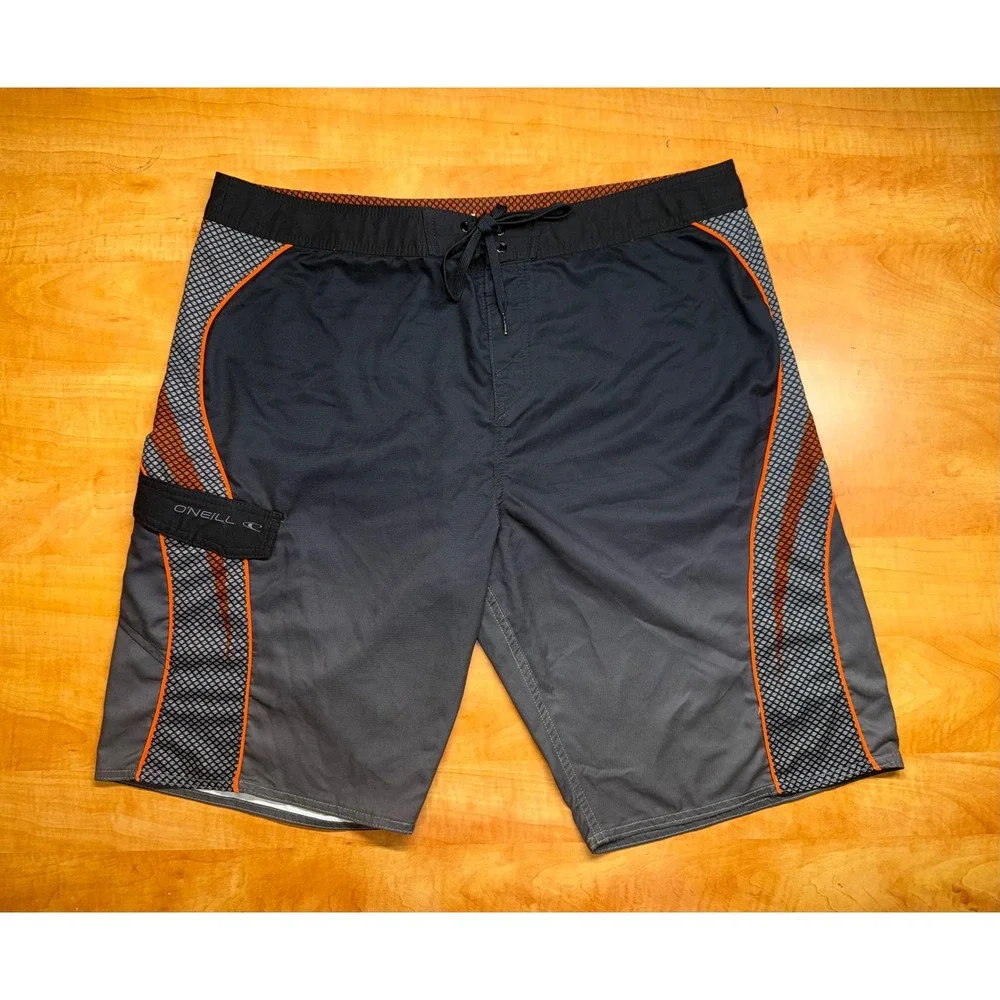 ONeill Mens Board Shorts Size 38 Grey Orange Ombre Cargo Pocket Swim‎ Trunks